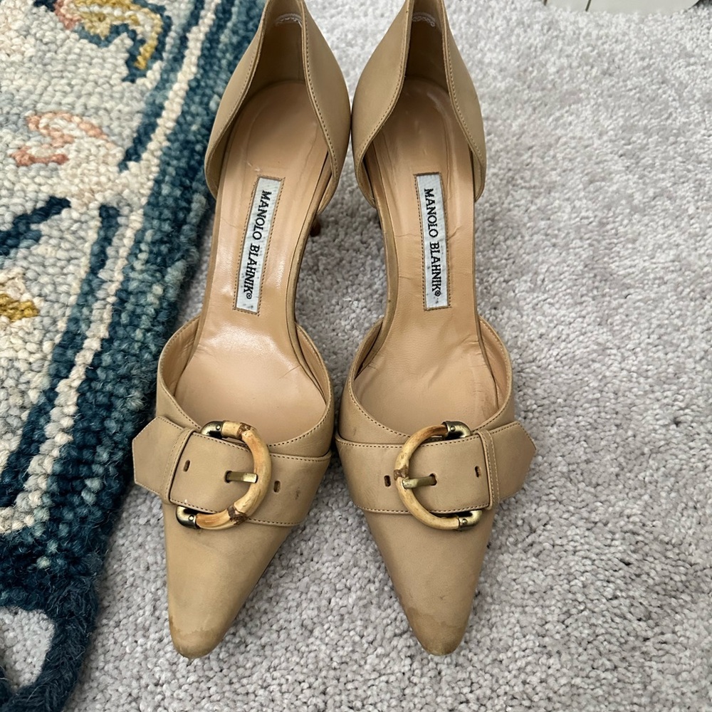 Manolo Blahnik Tan Heels with Gold Buckle